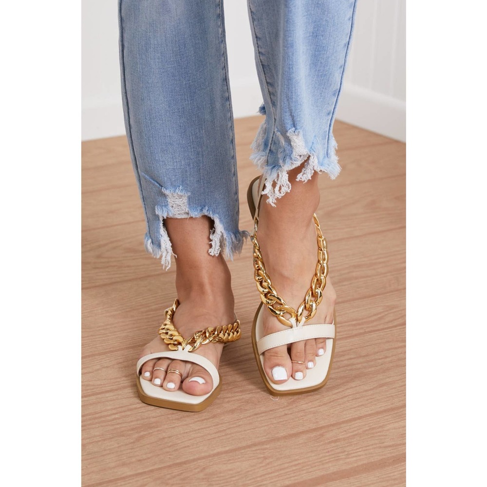 Beige Gold Chain Sandals Chic Minimalist Flat Square Toe - Picture 4 of 7